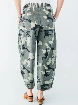 Olive & Gray Camo Print Cropped Barrel Leg Pants