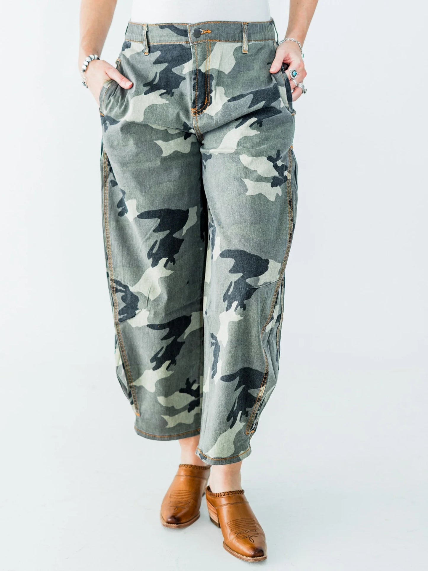 Olive & Gray Camo Print Cropped Barrel Leg Pants