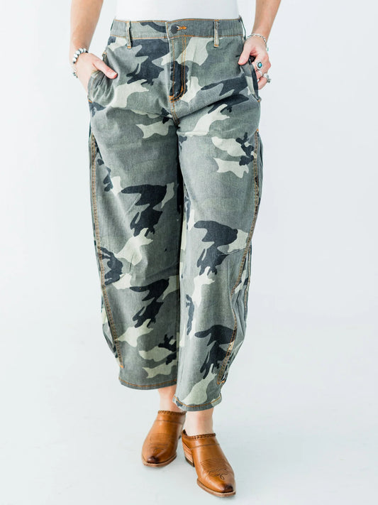 Olive & Gray Camo Print Cropped Barrel Leg Pants